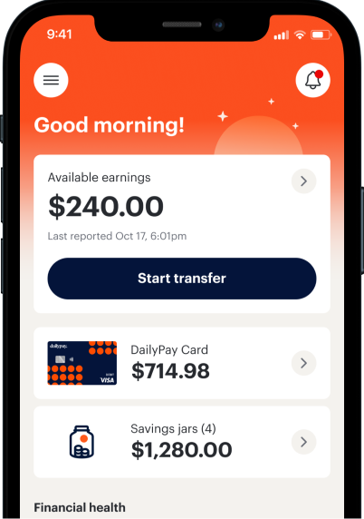 A mobile banking app screen shows available earnings of $240, a DailyPay Card balance of $714.98, and savings jars totaling $1,280.00. The 
