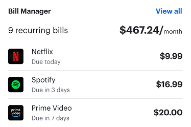A bill manager app shows 9 recurring bills totaling $467.24 per month, with upcoming payments for Netflix, Spotify, and Prime Video.