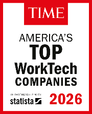 TIME badge for America's Top WorkTech Companies 2026 in partnership with Statista, with a red border and white background.
